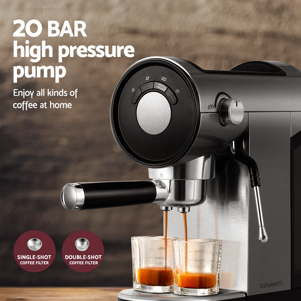 Devanti Coffee Machine Espresso Maker 20 Bar Milk Frother Cappuccino Latte Cafe