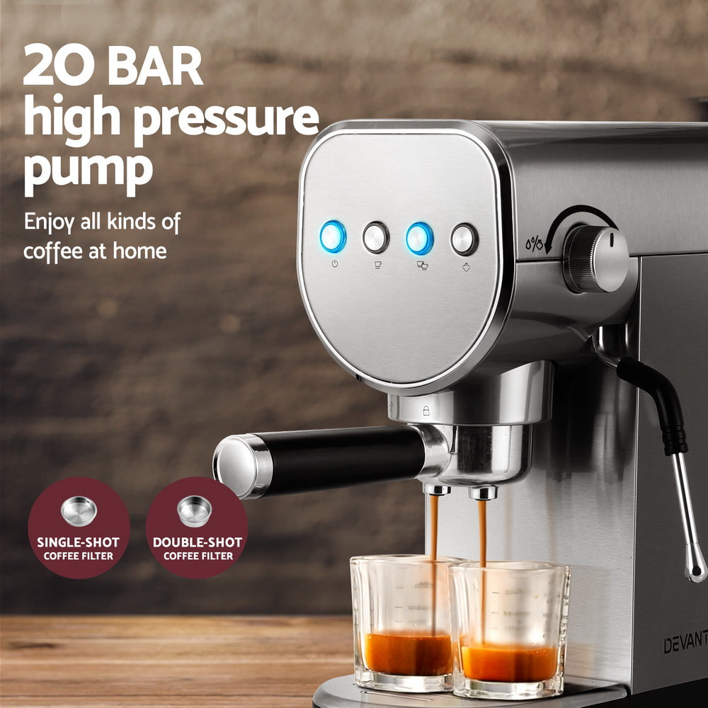 Devanti Coffee Machine Espresso Maker 20 Bar Milk Frother Cappuccino Latte Cafe