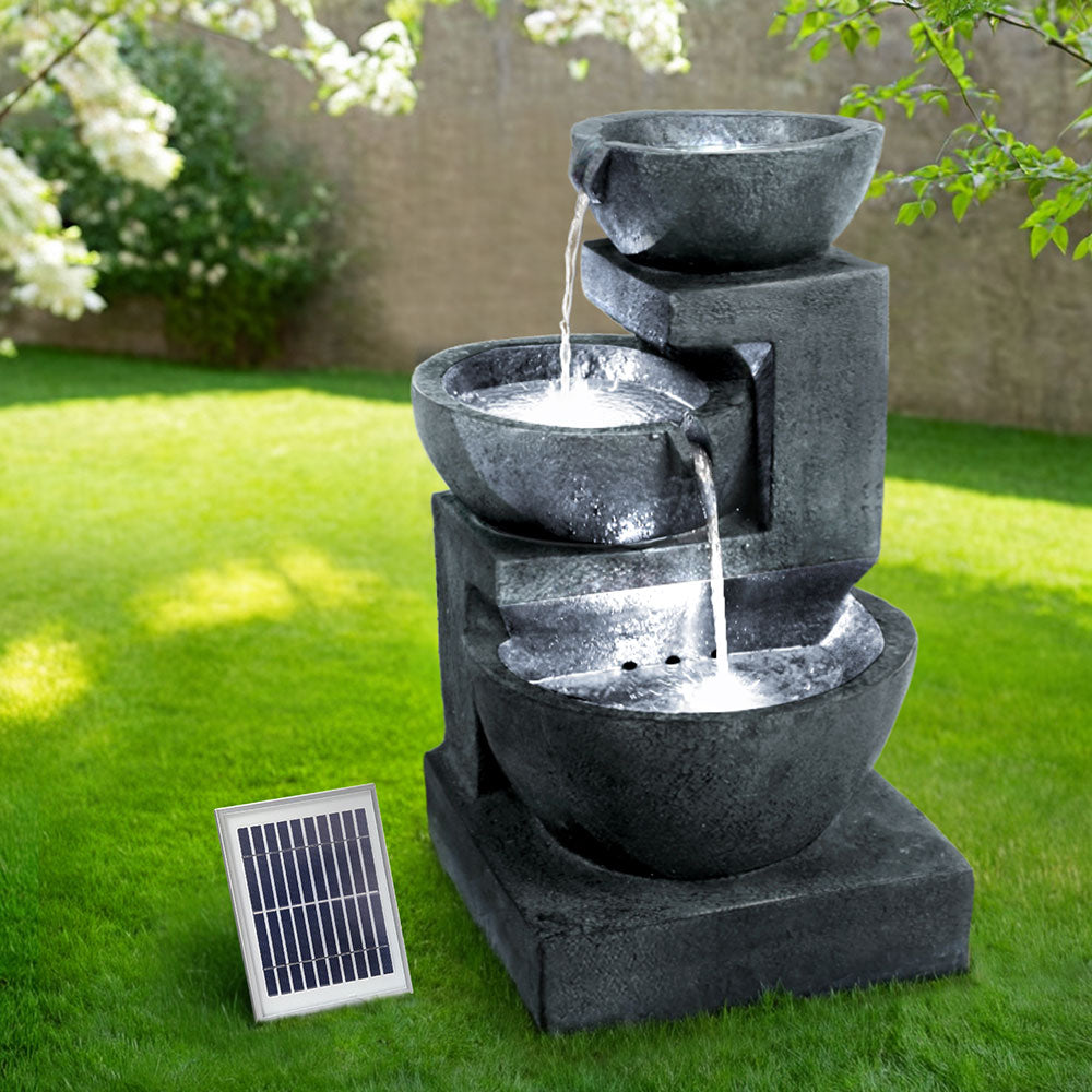 Gardeon Solar Water Feature with LED Lights 3-Tier Bowls 60cm