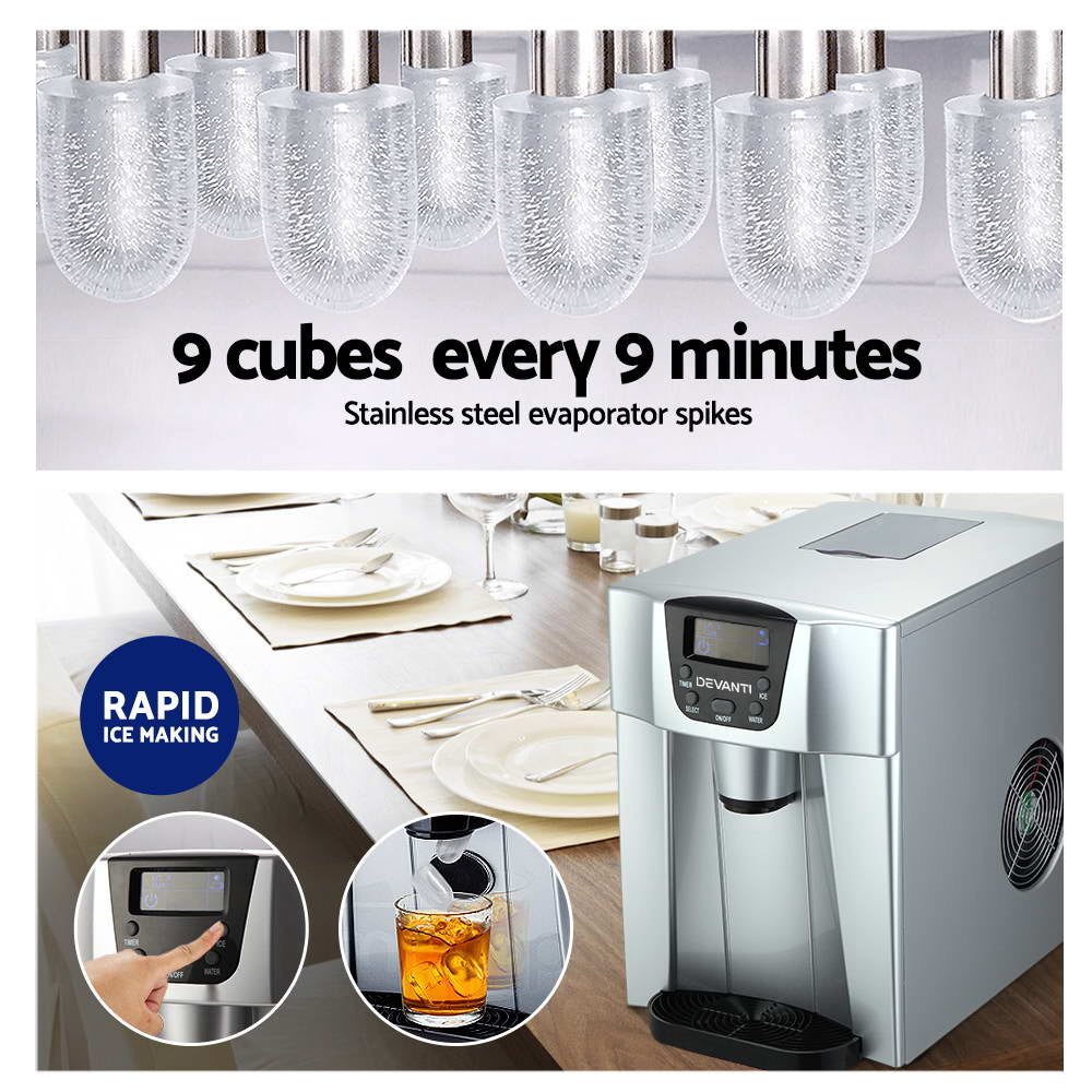 Devanti 2L Portable Ice Cuber Maker & Water Dispenser - Silver