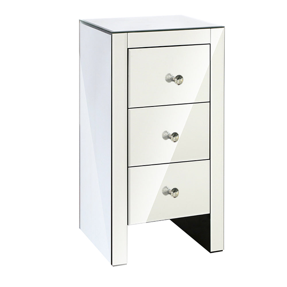 Artiss Bedside Table 3 Drawers Mirrored - QUENN Silver