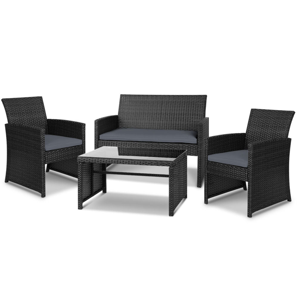 Gardeon 4 PCS Outdoor Lounge Setting Wicker Sofa Set Garden Furniture Black