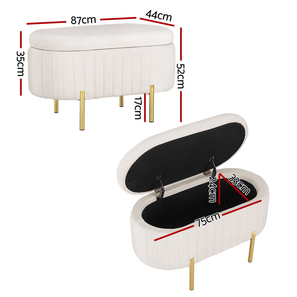 Artiss Storage Ottoman Blanket Box 87cm Velvet Oval White