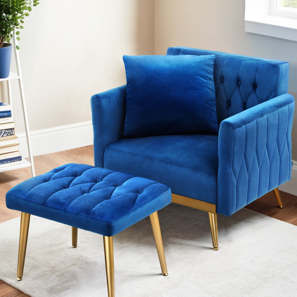 Artiss Armchair Ottoman Accent Chair Pillow Velvet Blue