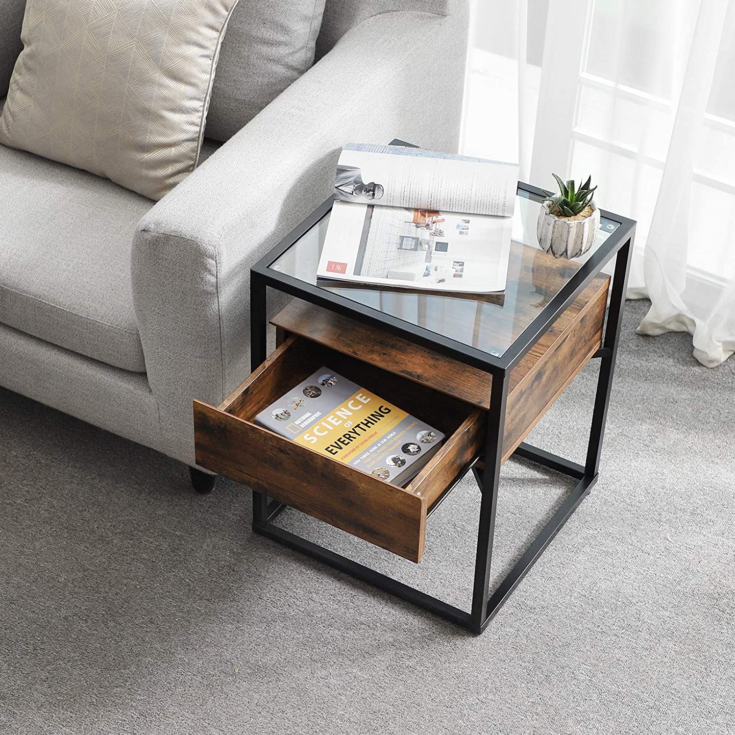 Tempered Glass End Table with Drawer and Rustic Shelf  Stable Iron Frame