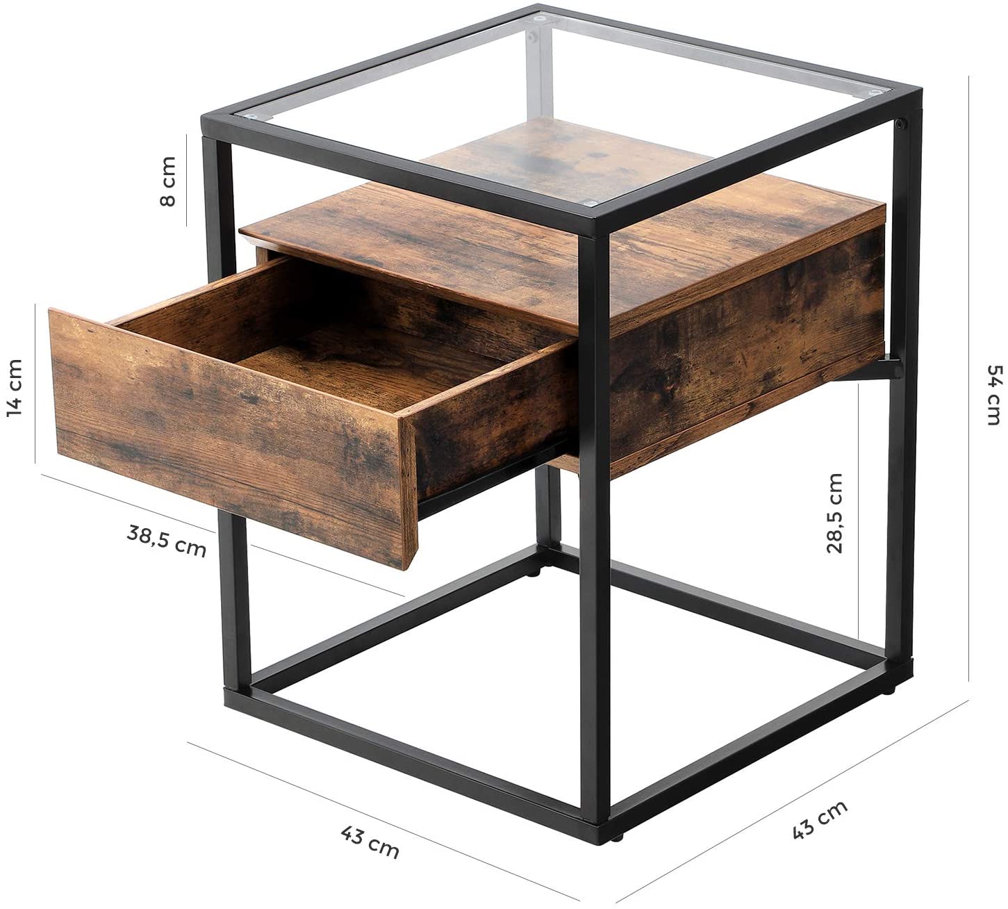 Tempered Glass End Table with Drawer and Rustic Shelf  Stable Iron Frame