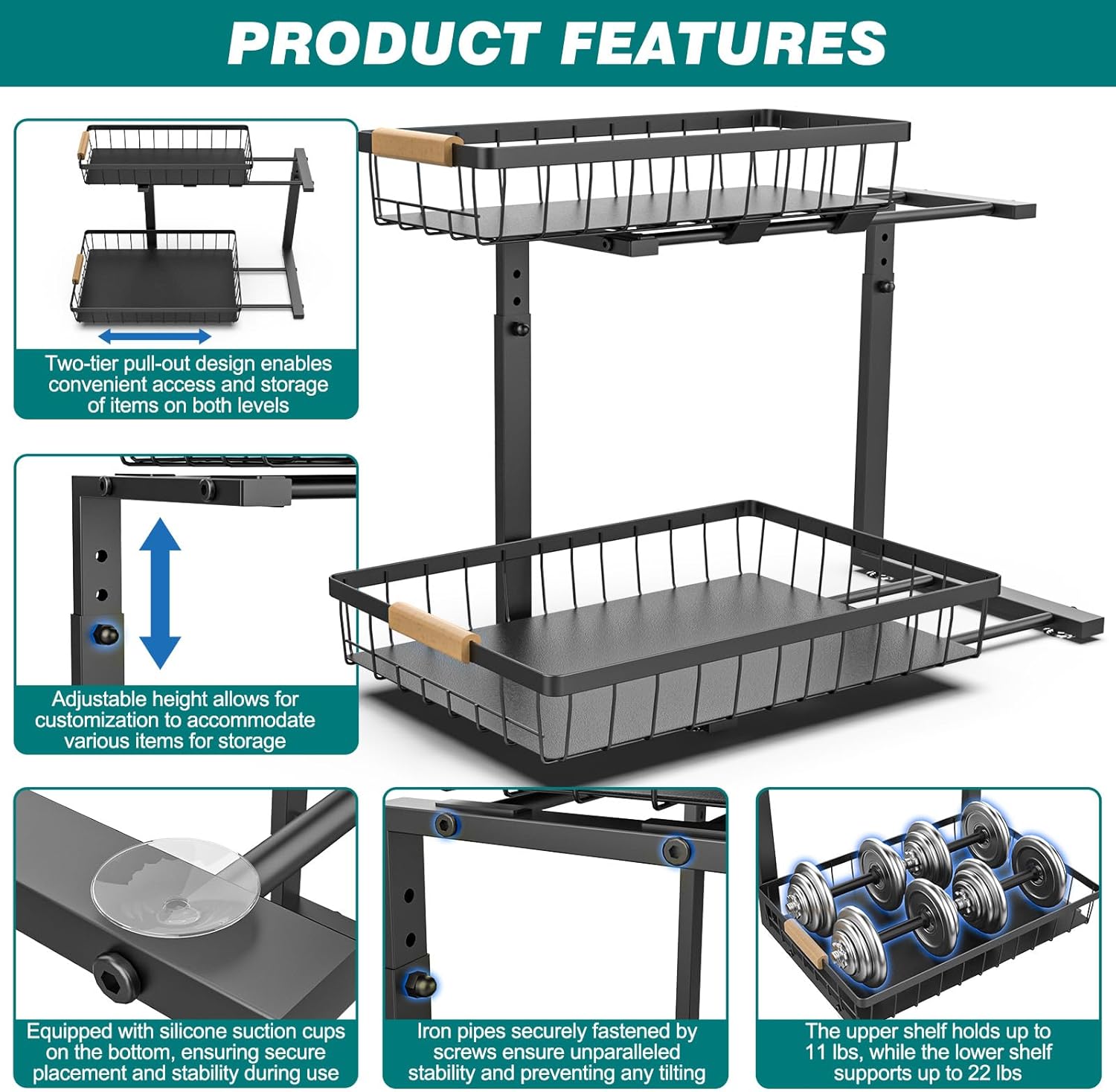 2-Tier Kitchen Under Sink Organiser Storage with Height Adjustable, Unique Slide Rail & Suction Cups for Storage