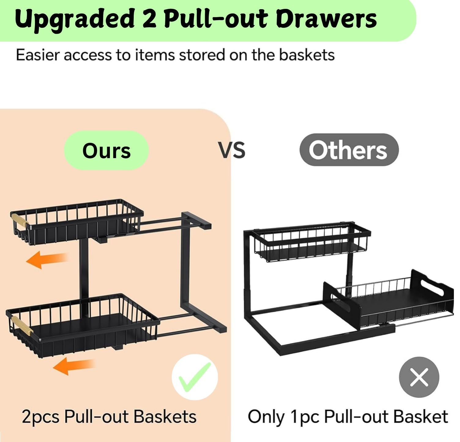 2-Tier Kitchen Under Sink Organiser Storage with Height Adjustable, Unique Slide Rail & Suction Cups for Storage