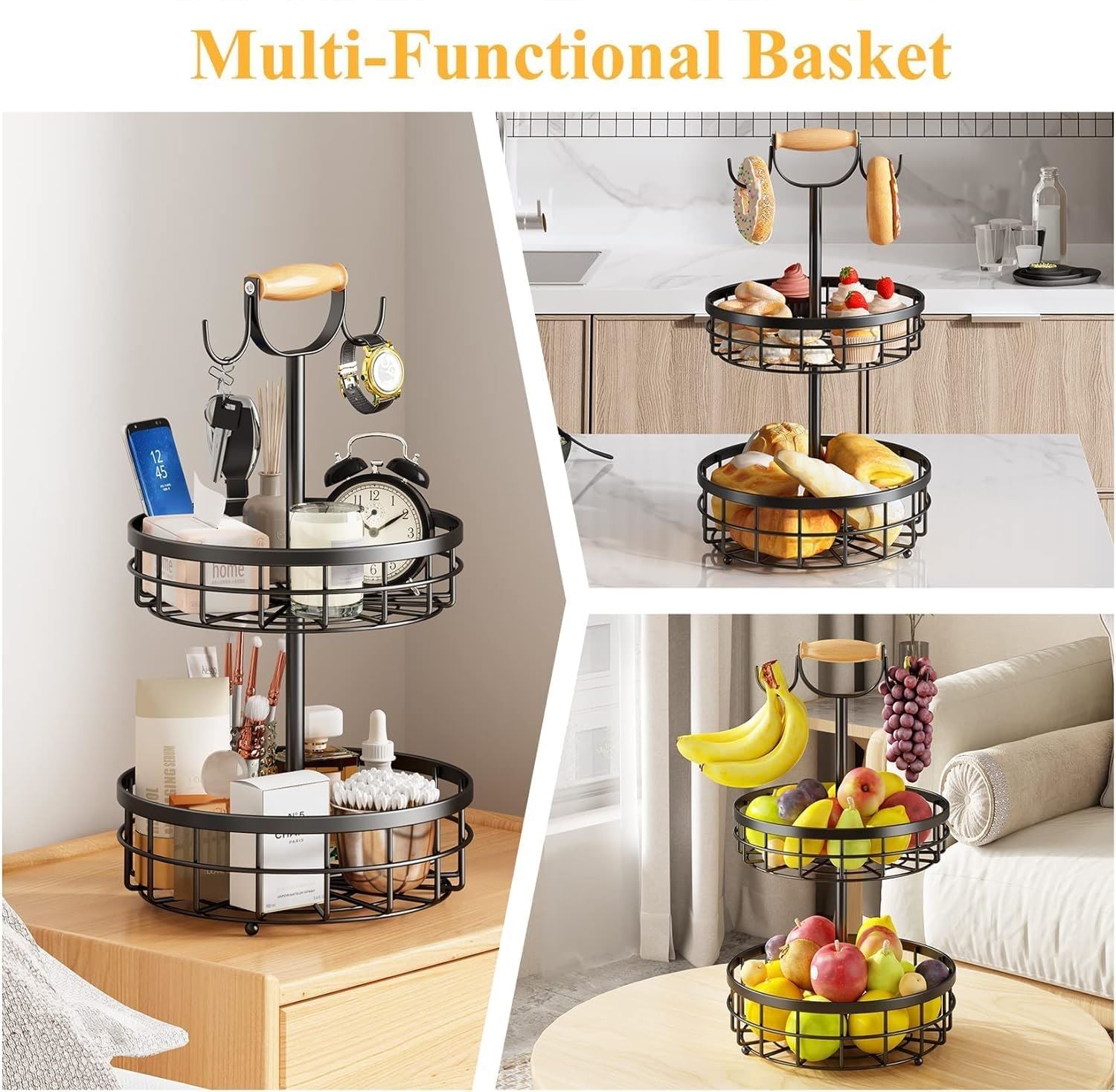 2-Tier Fruit Basket Bowl Storage with Wood Lift Handle and Dual Banana Tree Hanger for Kitchen Countertop