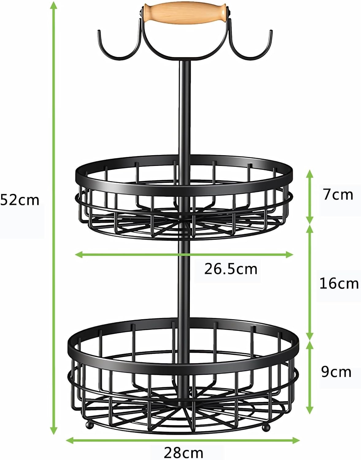 2-Tier Fruit Basket Bowl Storage with Wood Lift Handle and Dual Banana Tree Hanger for Kitchen Countertop