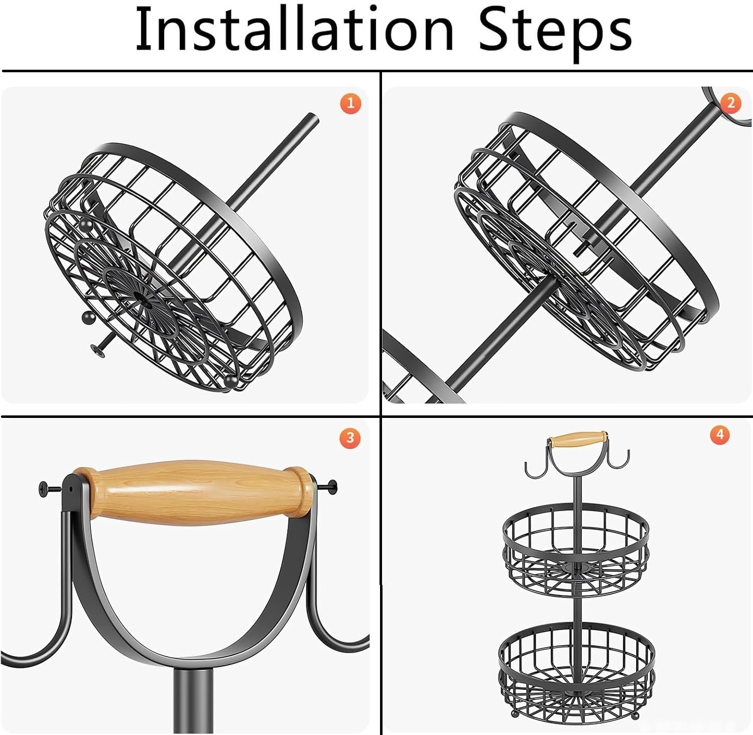 2-Tier Fruit Basket Bowl Storage with Wood Lift Handle and Dual Banana Tree Hanger for Kitchen Countertop