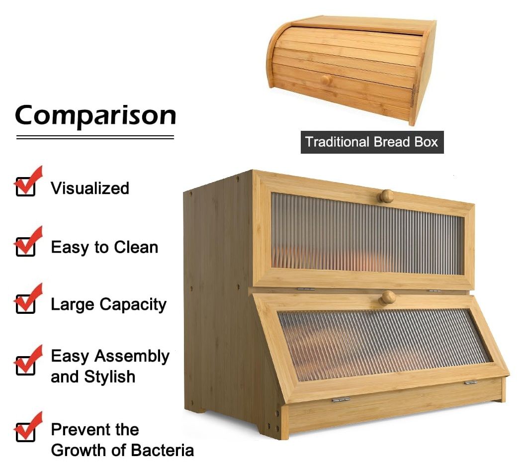 Double Layer Bamboo Bread Box for Kitchen Counter with Large Capacity and Clear Window