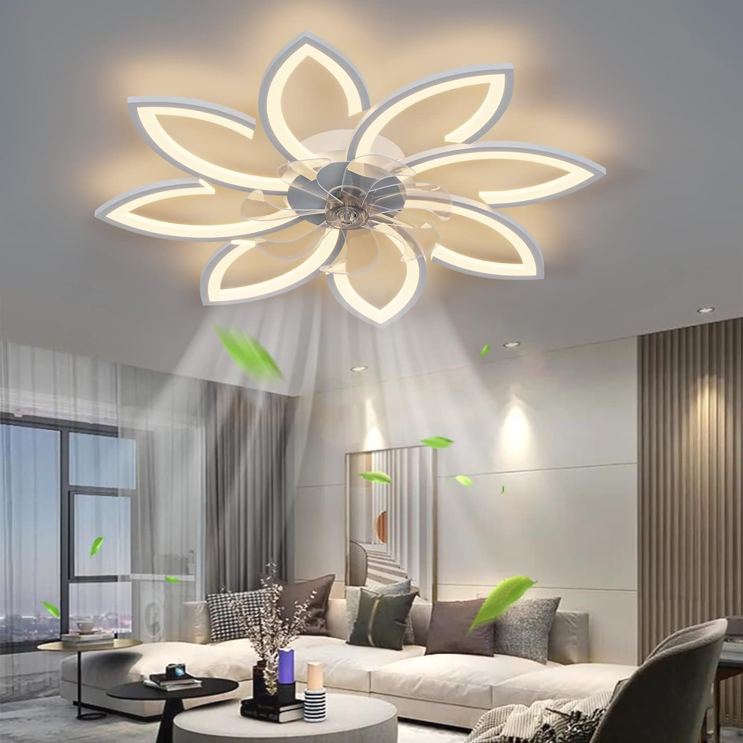 Modern Ceiling Light Fan, Low Profile, 6 Wind Speed, 3 Color (90cm, White)