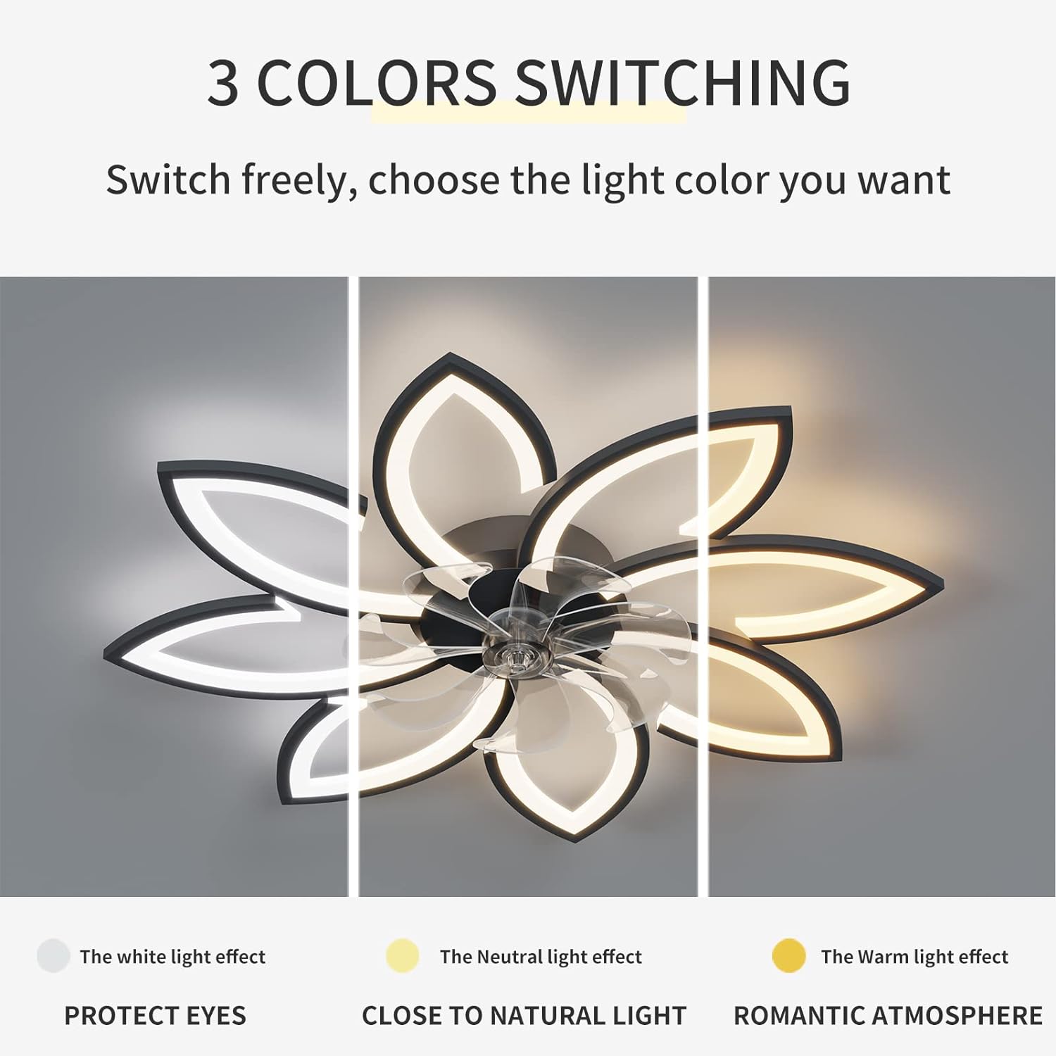 Modern Ceiling Light Fan, Low Profile, 6 Wind Speed, 3 Color (90cm, Black)