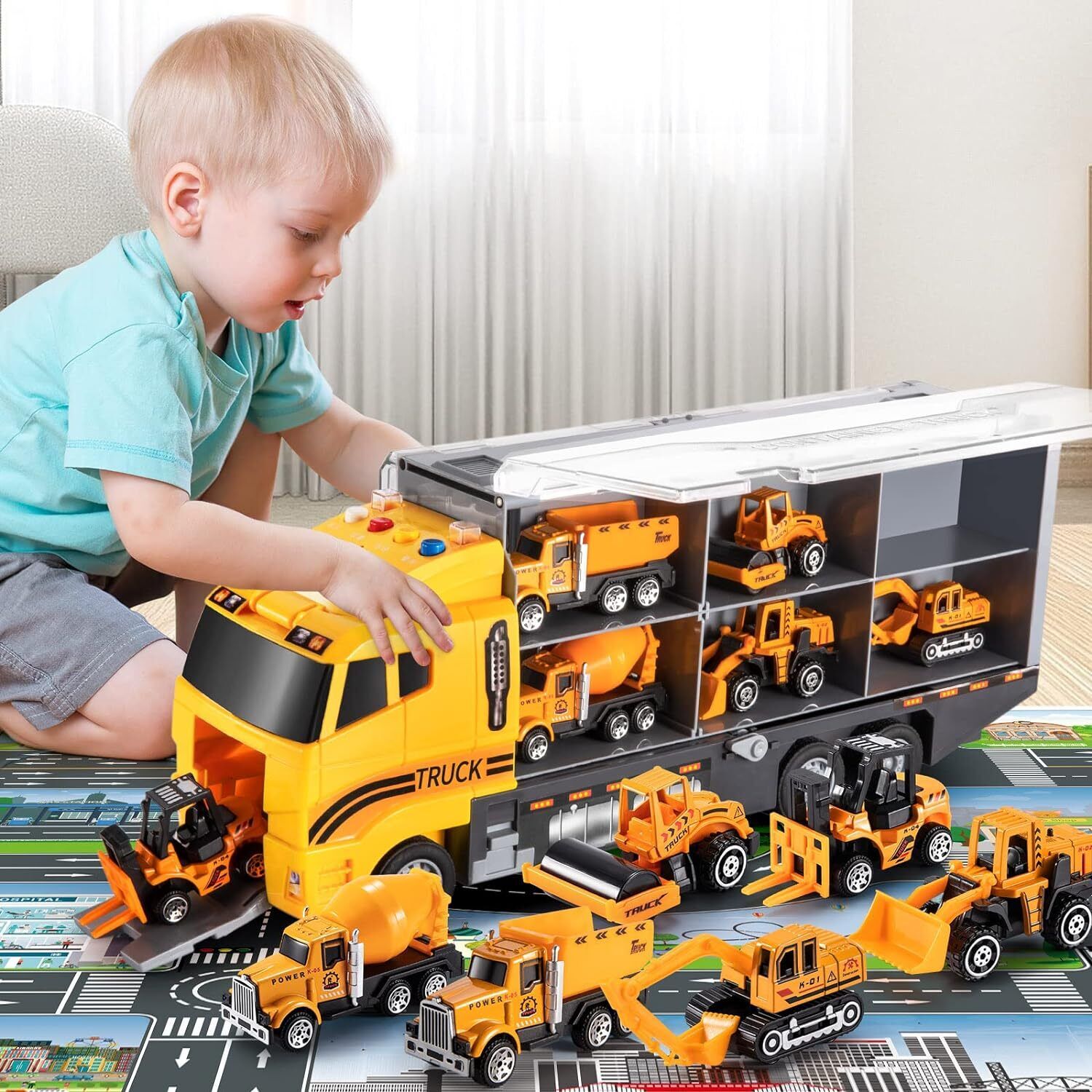 Toddler Toys Truck Carrier & 6 Mini Cars Play Set Transport Car Toy Lorry Kids