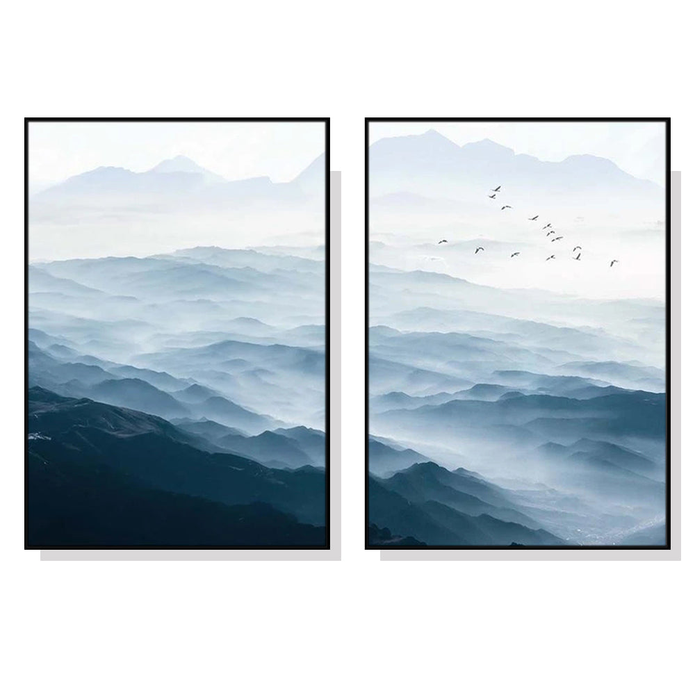 Wall Art 90cmx135cm Blue mountains 2 Sets Black Frame Canvas