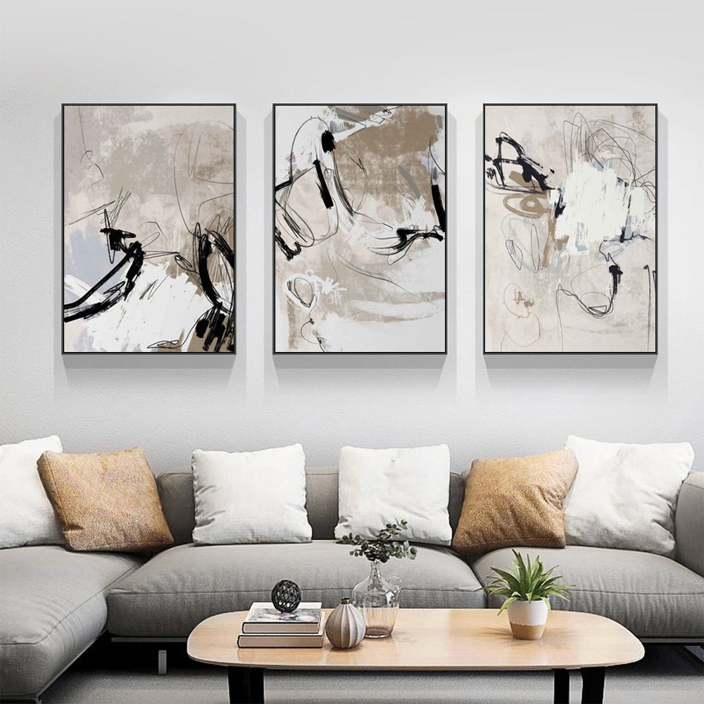 Wall Art 80cmx120cm Modern Abstract Beige 3 Sets Black Frame Canvas