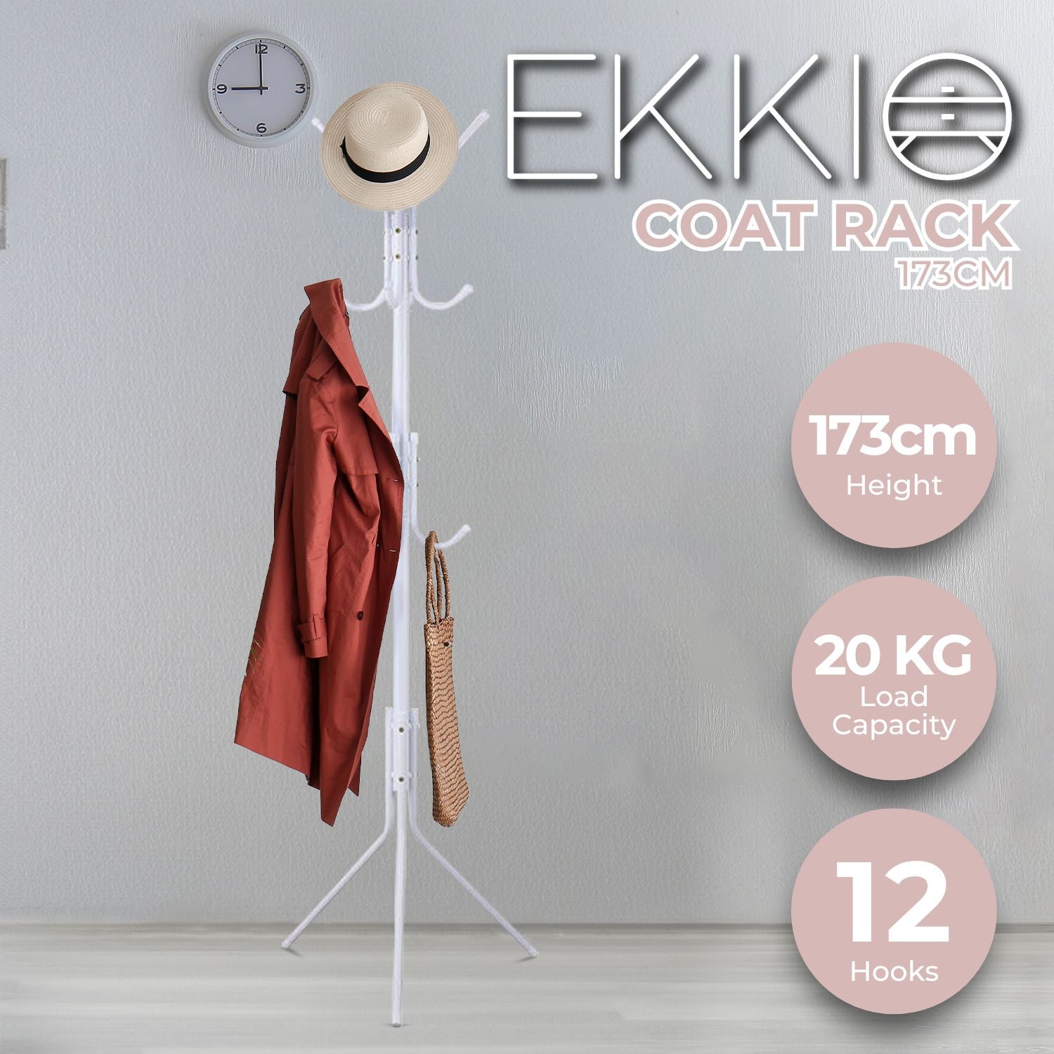 EKKIO 12 Hook Metal Coat Rack Stand with 3-Tier Hat Hanger (White)