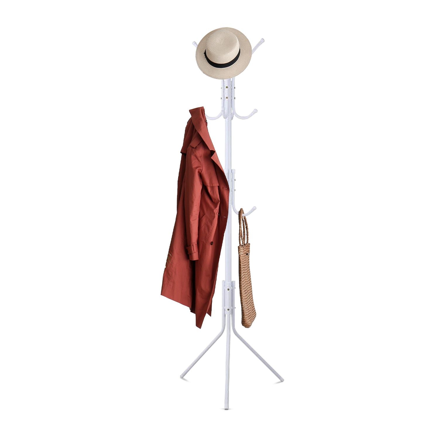 EKKIO 12 Hook Metal Coat Rack Stand with 3-Tier Hat Hanger (White)