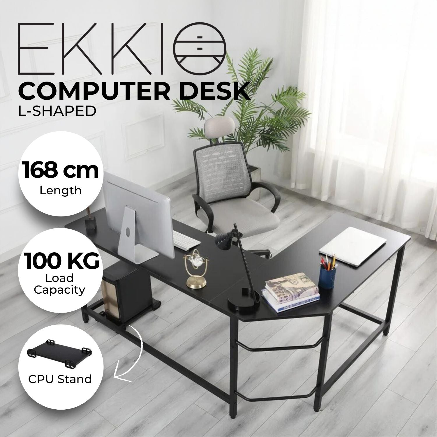 EKKIO L-Shaped Corner Computer Desk with CPU Stand (Black)