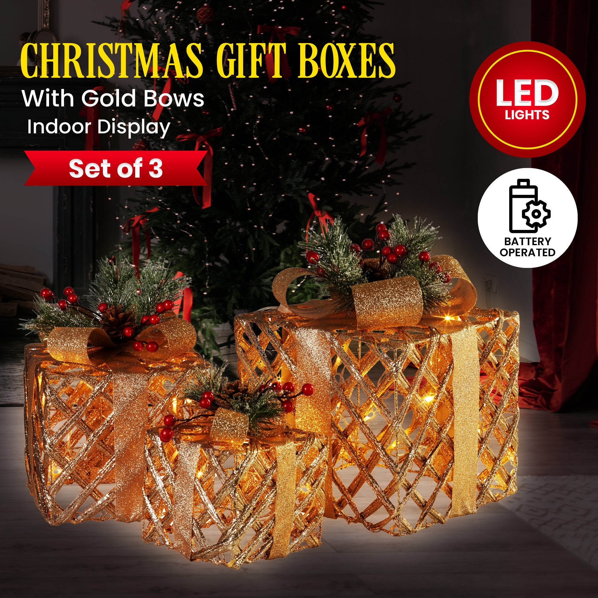 Swishmas Set of 3 Christmas Gift Boxes Display With Lights in Champagne and Gold