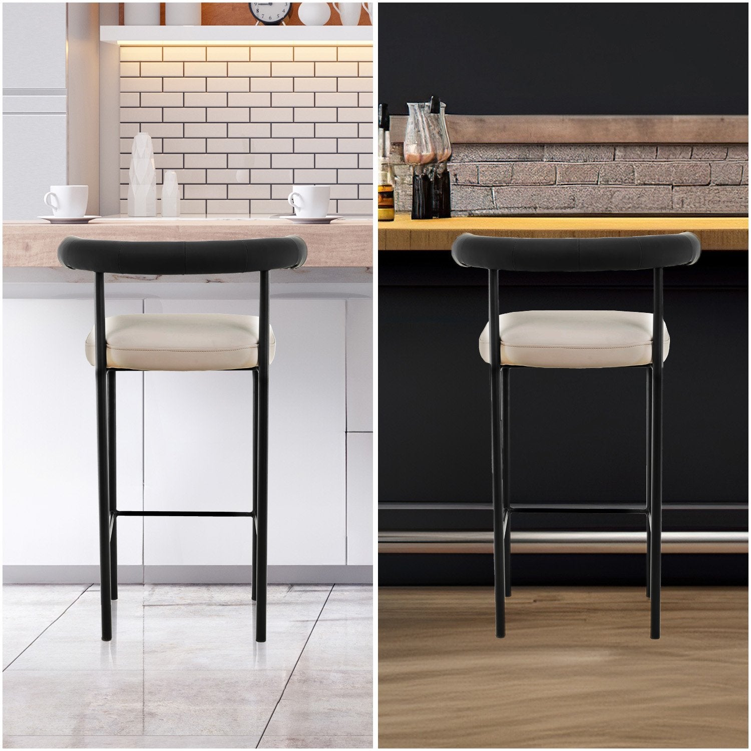 Sarantino Cedric Bar Stool W/ High-density Foam Upholstered In PU Leather Sturdy Iron Frame In Black And Beige