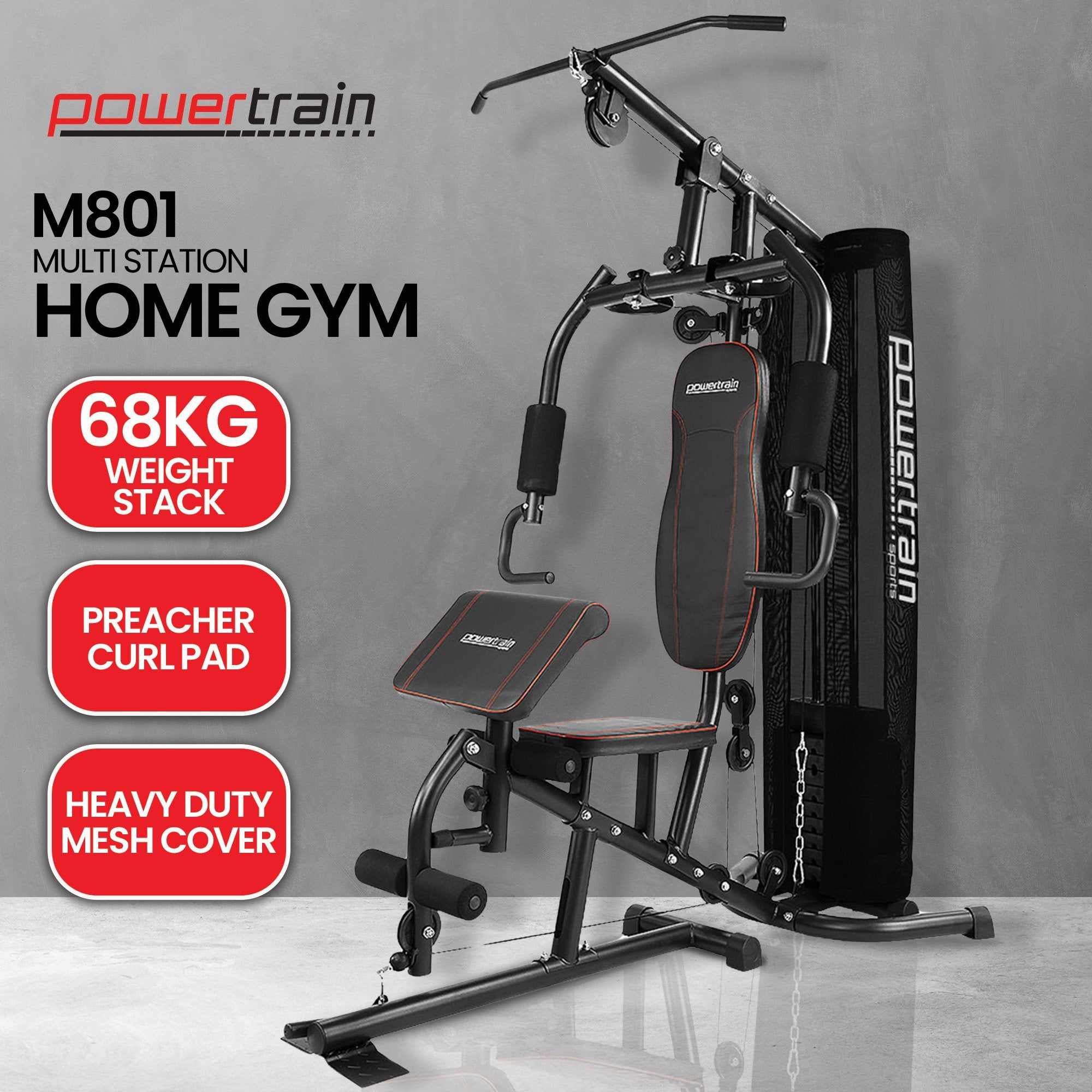 Powertrain Multi Station Home Gym With 68kg Weights Preacher Curl Pad