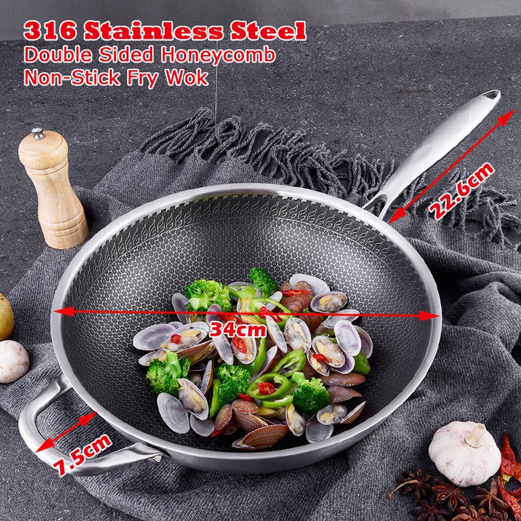 34cm 316 Stainless Steel Non-Stick Stir Fry Cooking Kitchen Wok Pan with Lid Honeycomb Double Sided