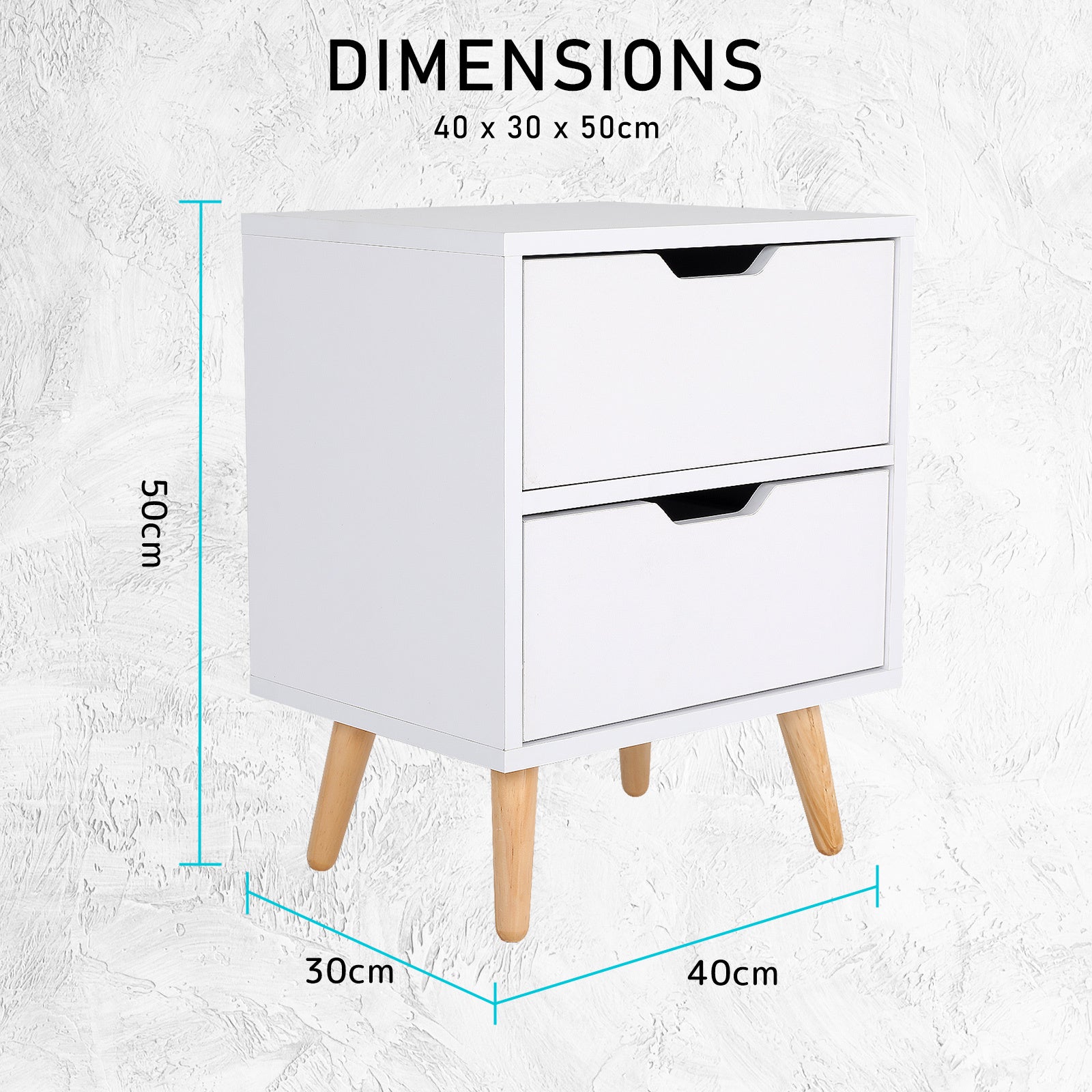 2X Bedside Table 2 Drawer Wood Leg Storage Cabinet Nightstand KIYO WHITE