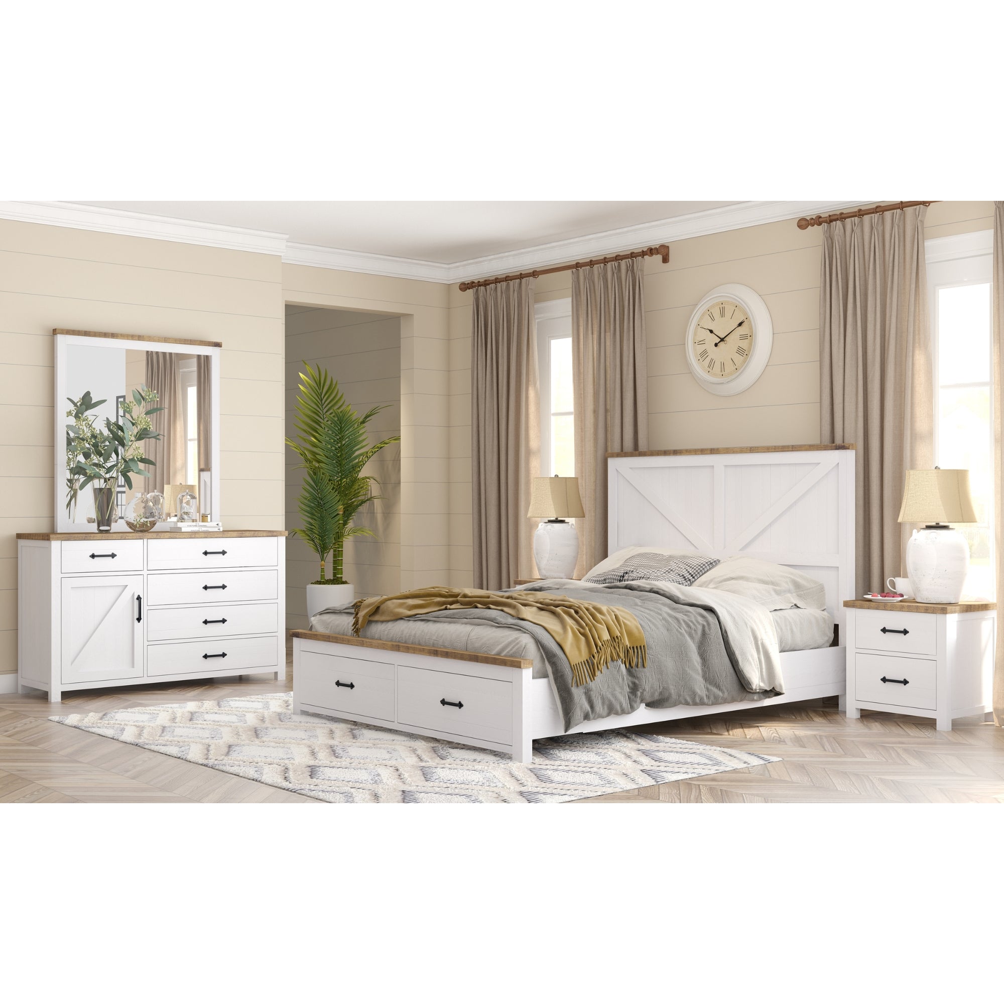 Grandy 5pc King Bed Suite Bedside Dresser Bedroom Furniture Package White Brown