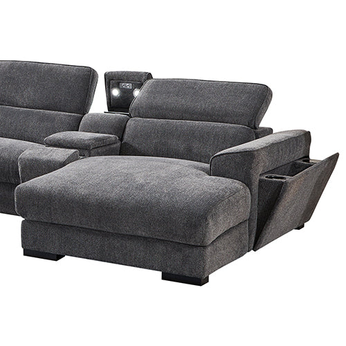 Grey Colour Corner Sofa Chaise Premium Fabric Electric Recliner With Manual Headrest Cup-Holder Charging Point Lighting