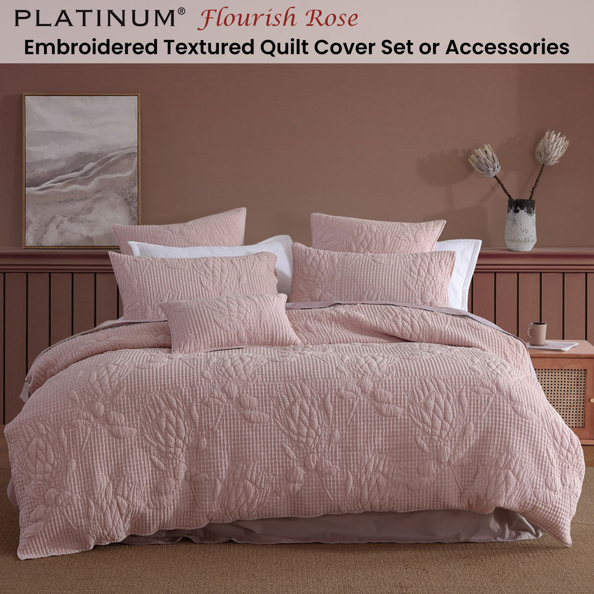 Platinum Collection Flourish Rose 100% Cotton Textured Quilt Cover Set Queen