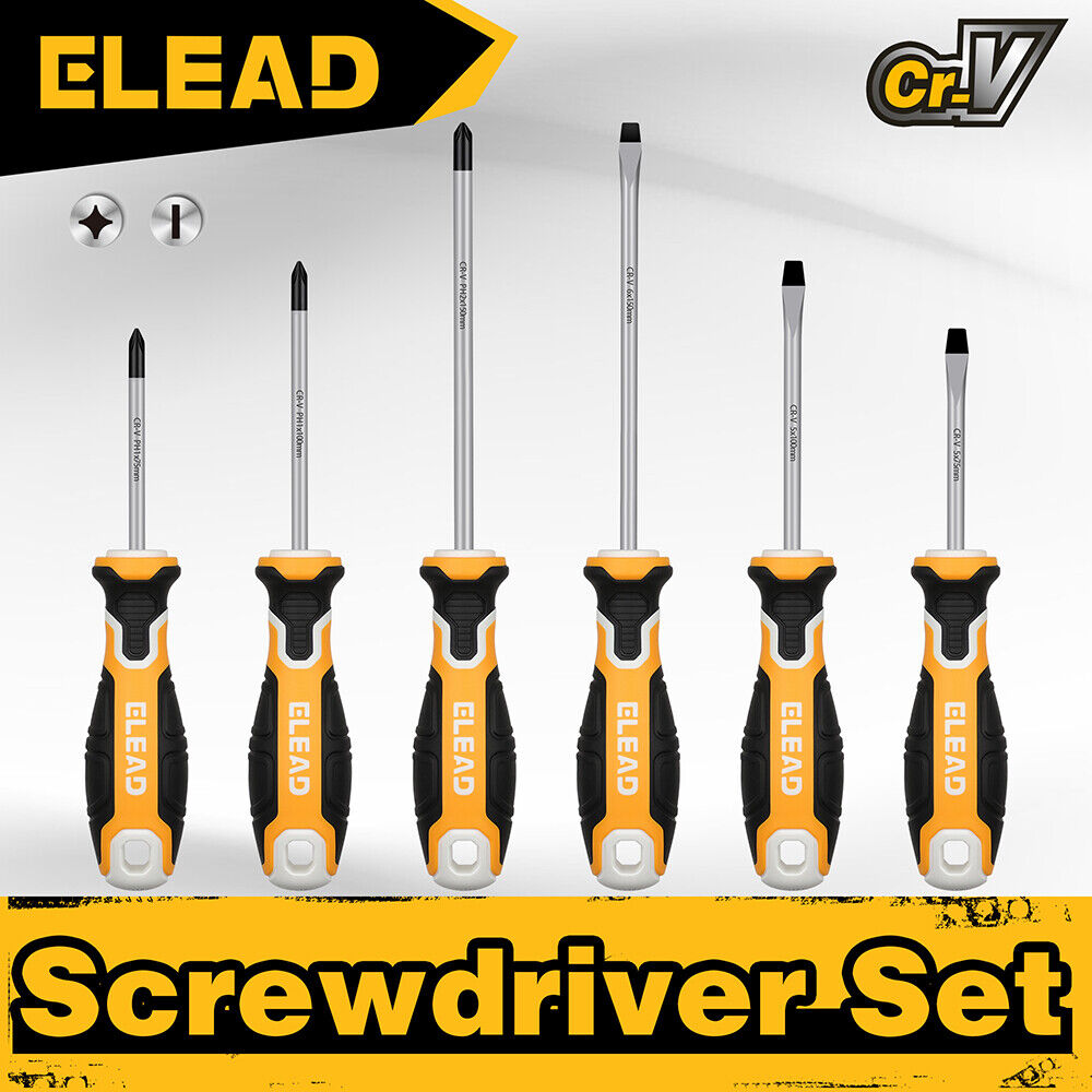 ELEAD 6Pcs Magnetic Screwdriver Set Phillips Slotted Non-Slip Handle Crv