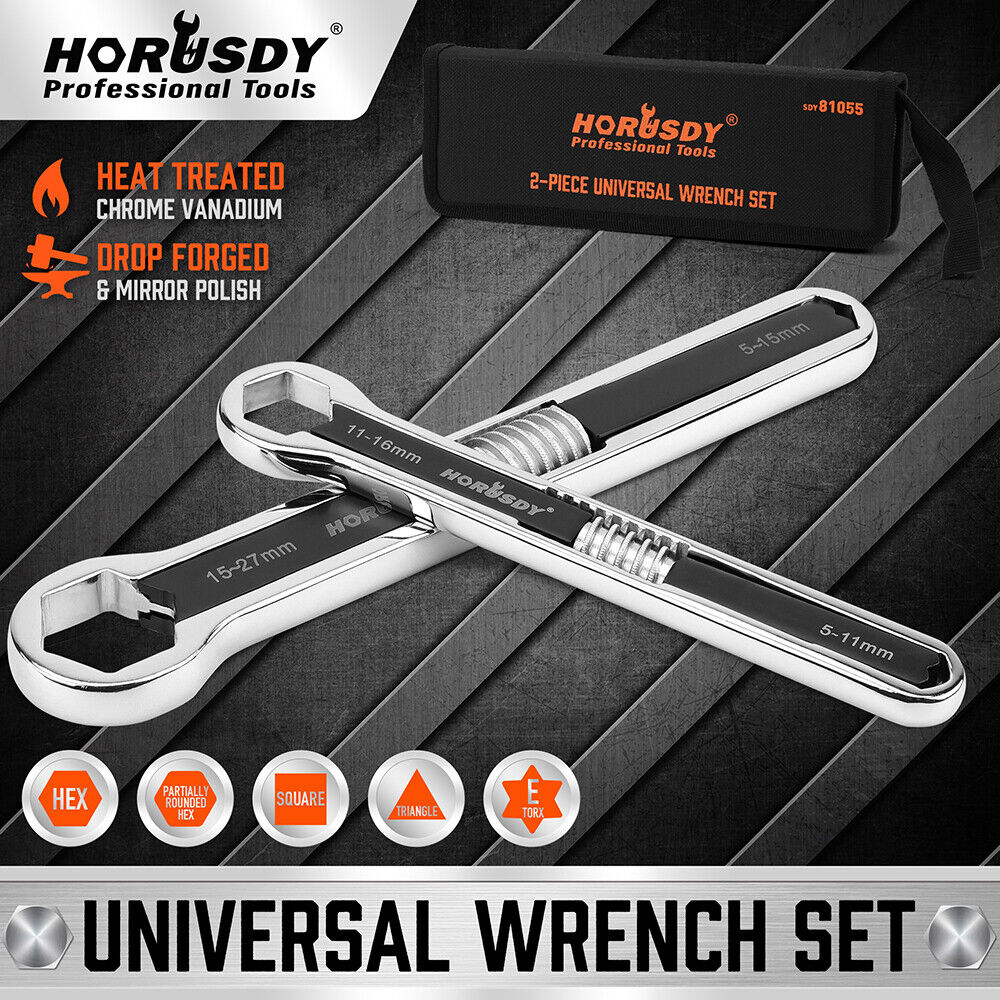 HORUSDY 2Pcs Universal Wrench Set SAE & Metric Spanner Hex E-Torx Triangle