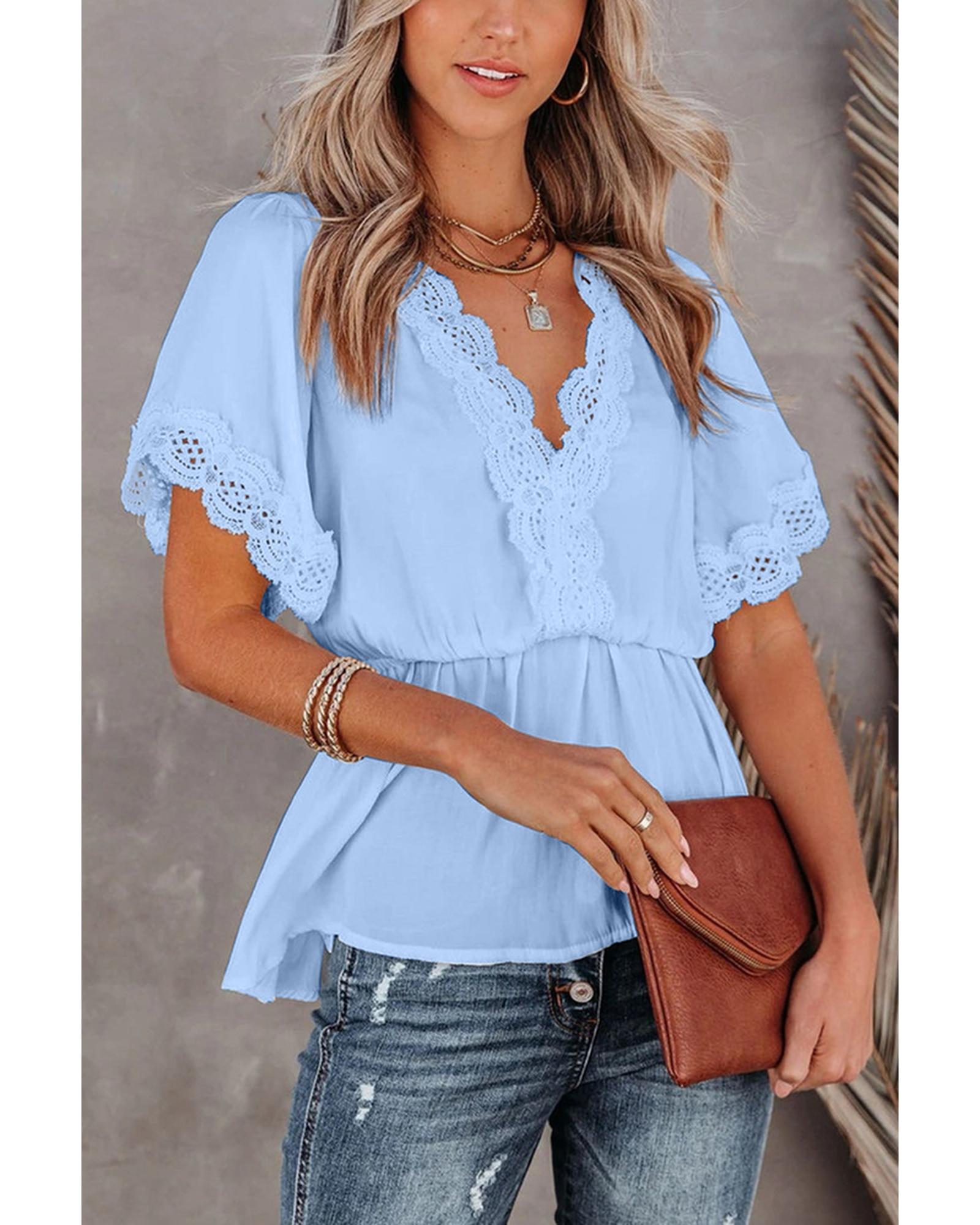 Azura Exchange Lace Splicing V Neck Blouse - XL