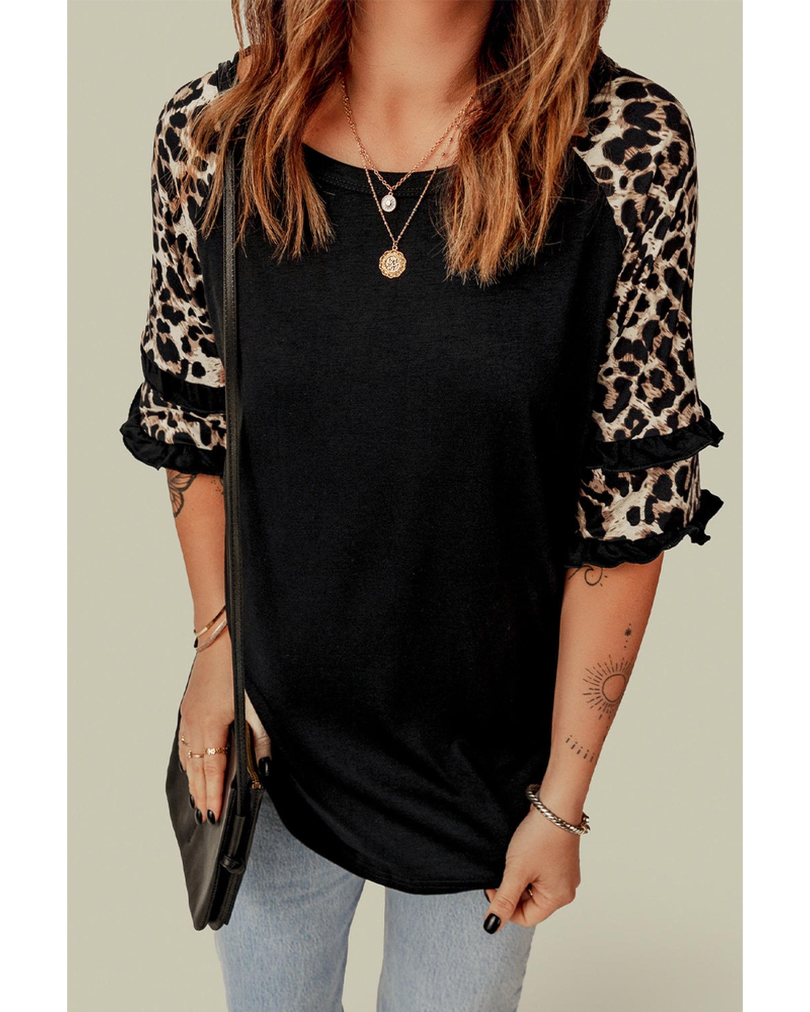 Azura Exchange Leopard Patchwork Ruffled Sleeve Top - L