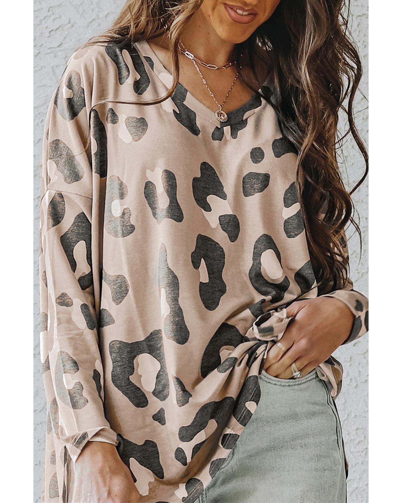 Azura Exchange Leopard Print V Neck Long Sleeve Top - M