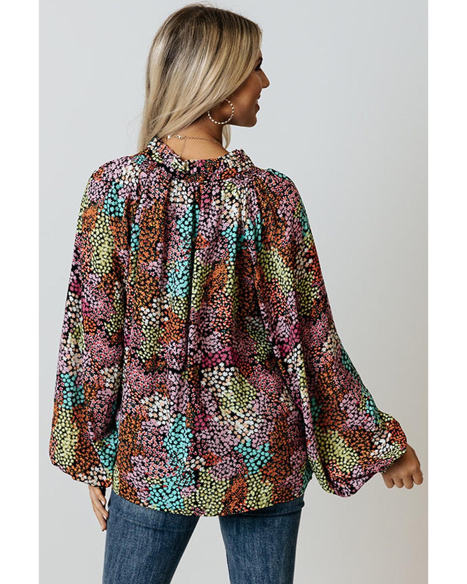 Azura Exchange Vibrant Floral Tie V Neck Puff Sleeve Blouse - 2XL