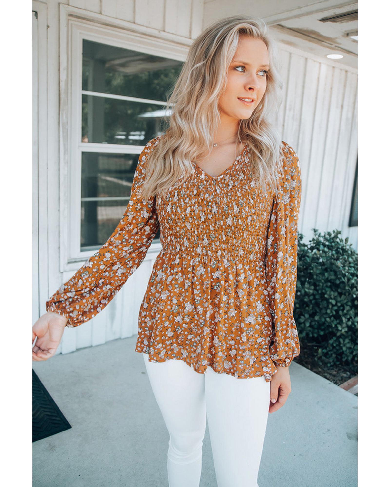 Azura Exchange Floral Print Shirred V Neck Blouse - 2XL