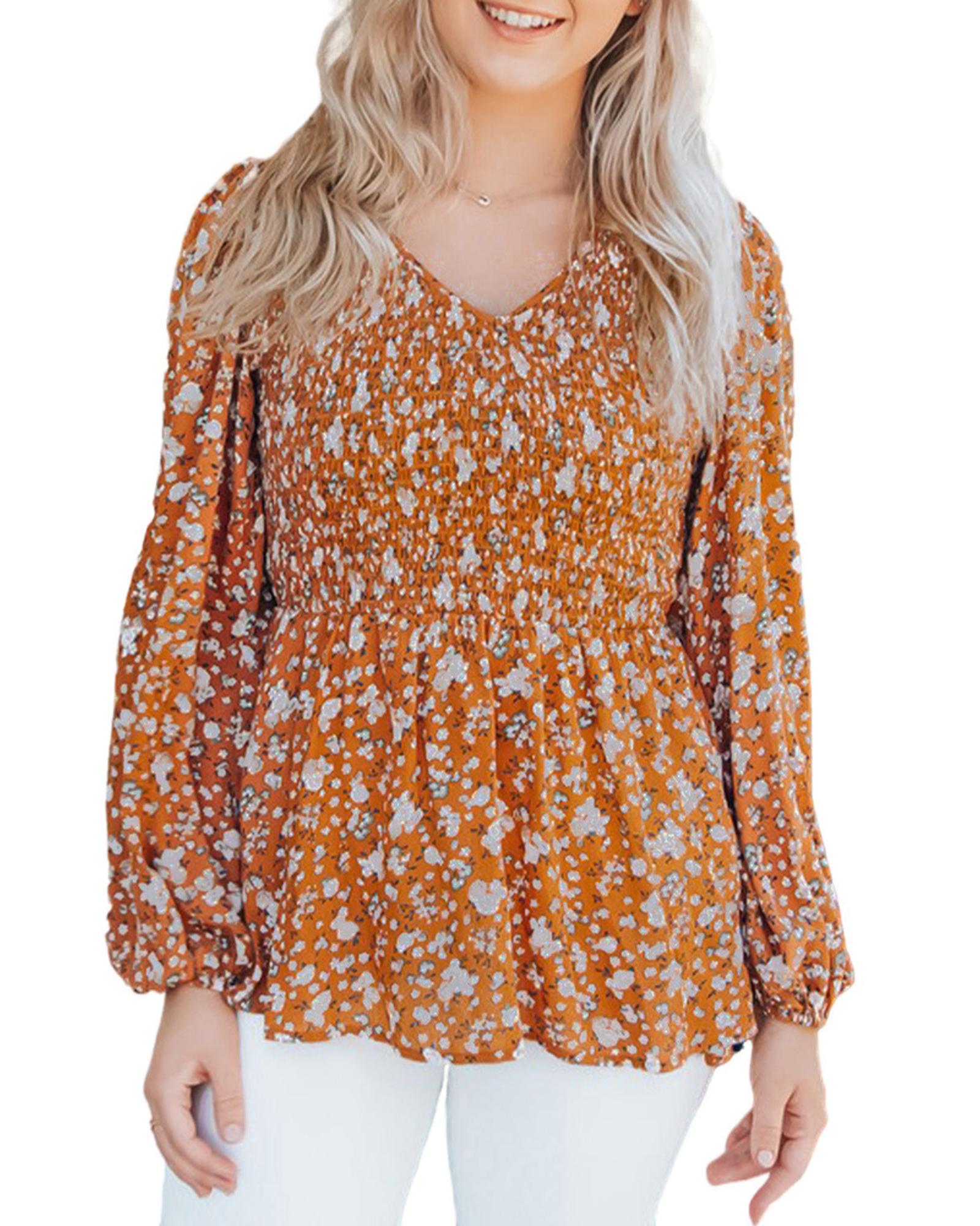 Azura Exchange Floral Print Shirred V Neck Blouse - 2XL