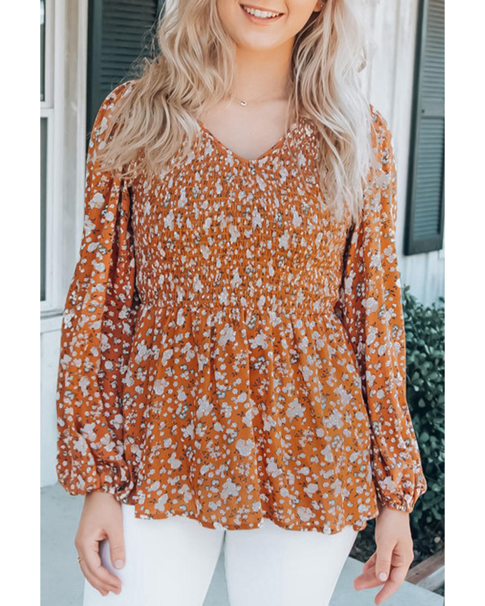 Azura Exchange Floral Print Shirred V Neck Blouse - M