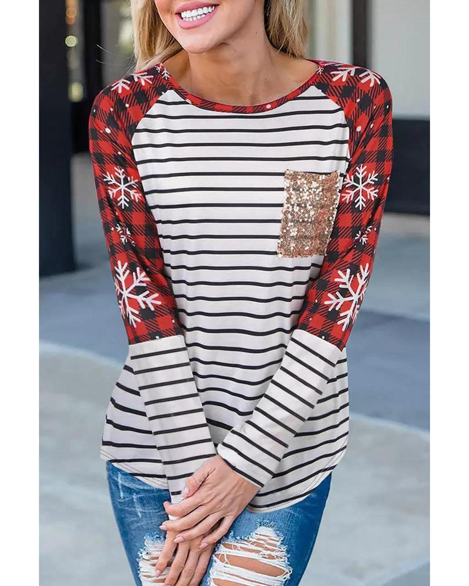 Azura Exchange Christmas Striped Patchwork Long Sleeve Top - XL