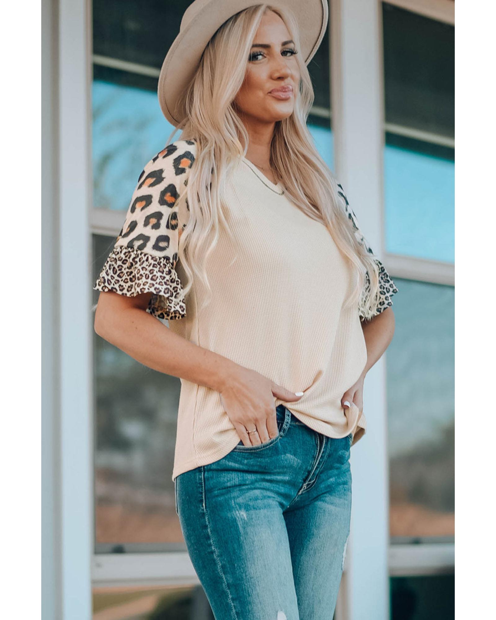 Azura Exchange Leopard Ruffle Sleeve Waffle Knit Top - XL