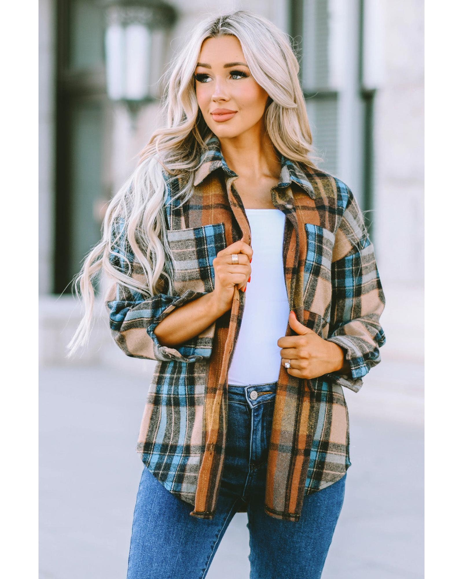 Azura Exchange Color Block Plaid Shirt with Buttoned Details - S