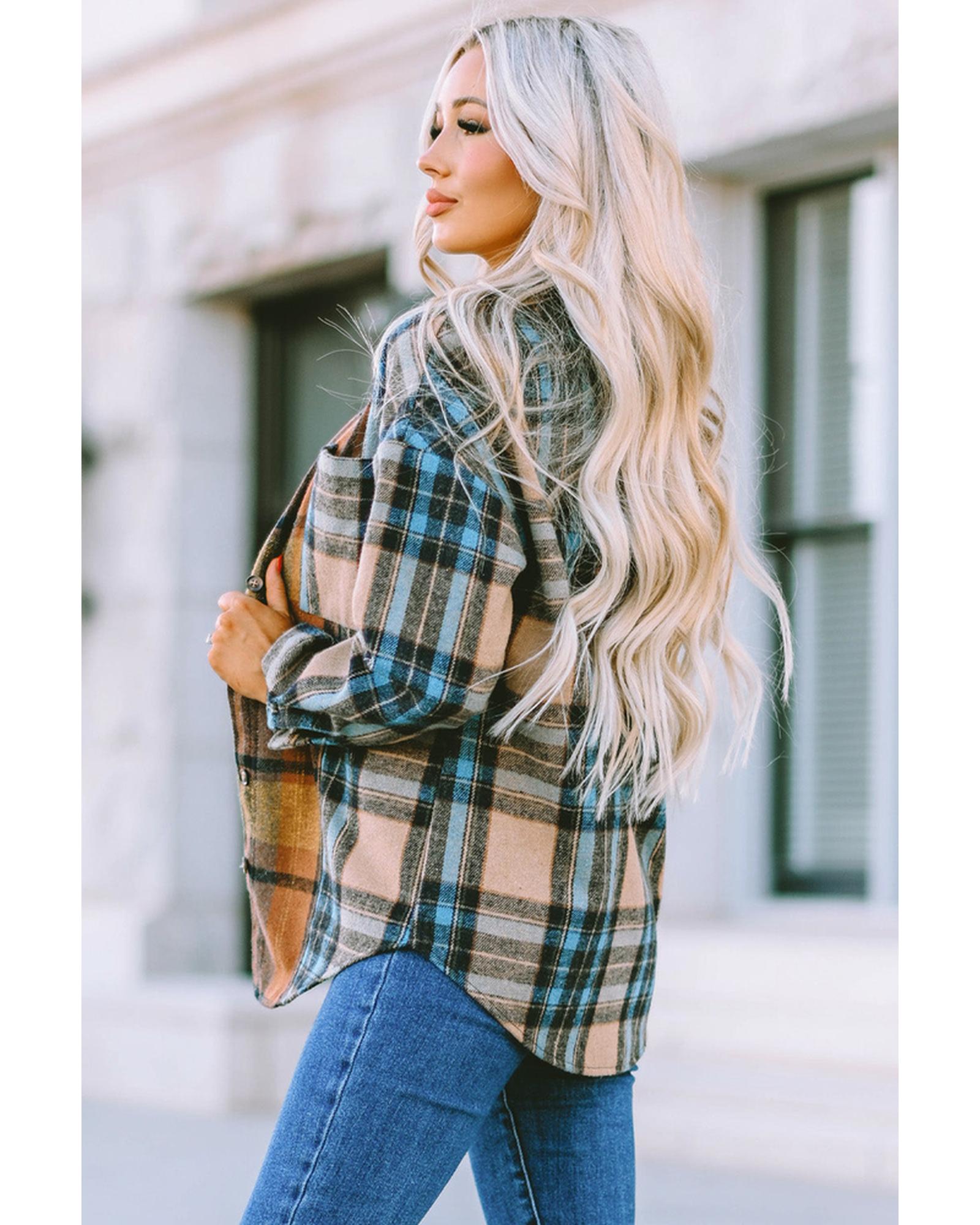 Azura Exchange Color Block Plaid Shirt with Buttoned Details - S