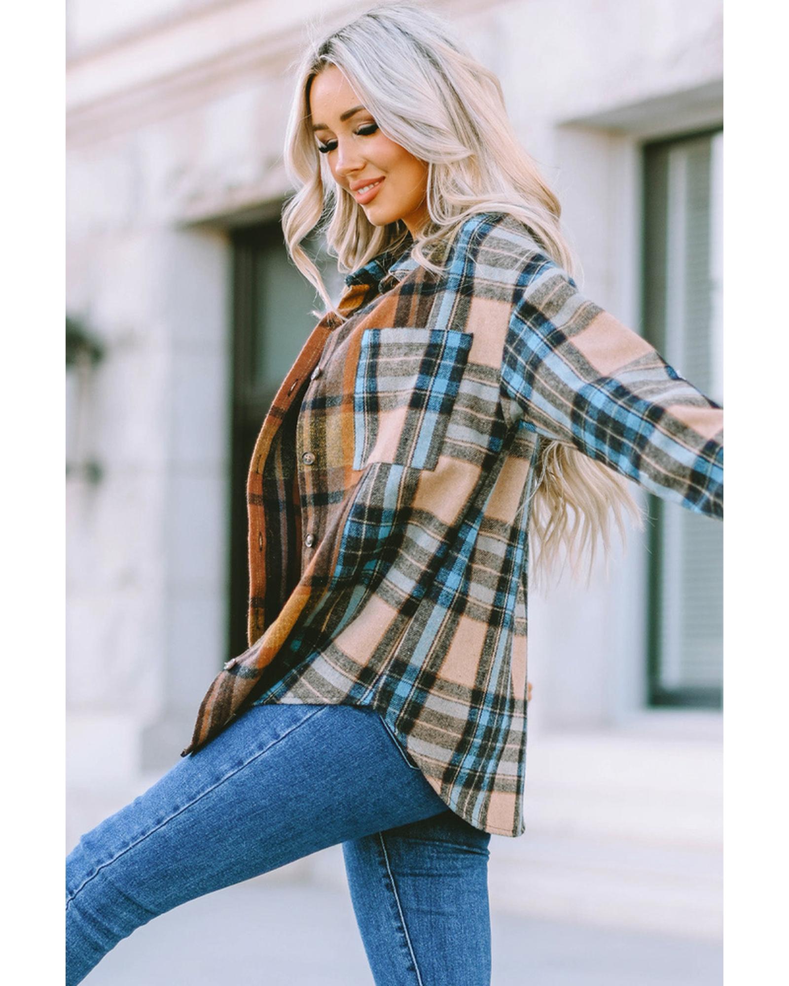 Azura Exchange Color Block Plaid Shirt with Buttoned Details - S