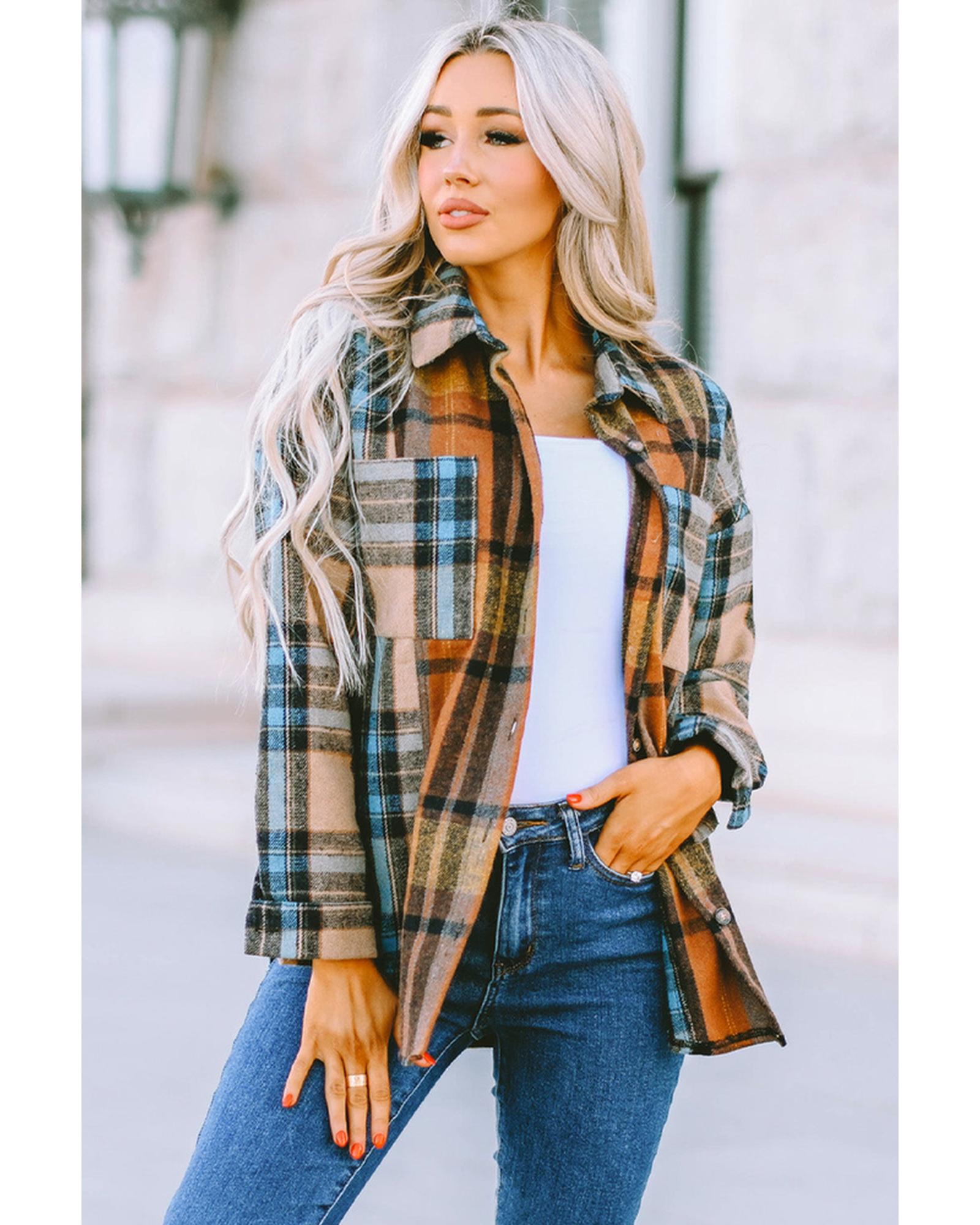 Azura Exchange Color Block Plaid Shirt with Buttoned Details - S