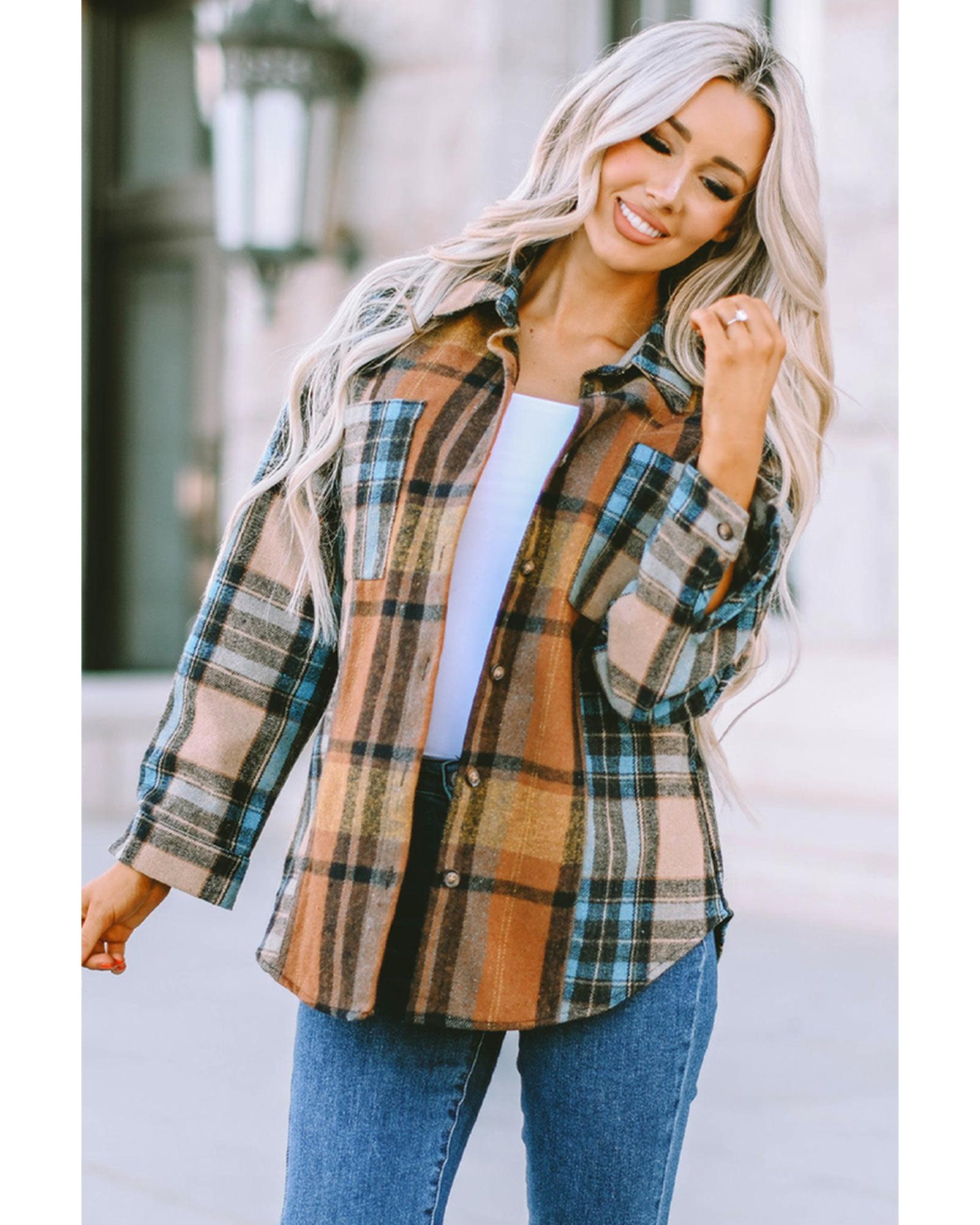 Azura Exchange Color Block Plaid Shirt with Buttoned Details - S