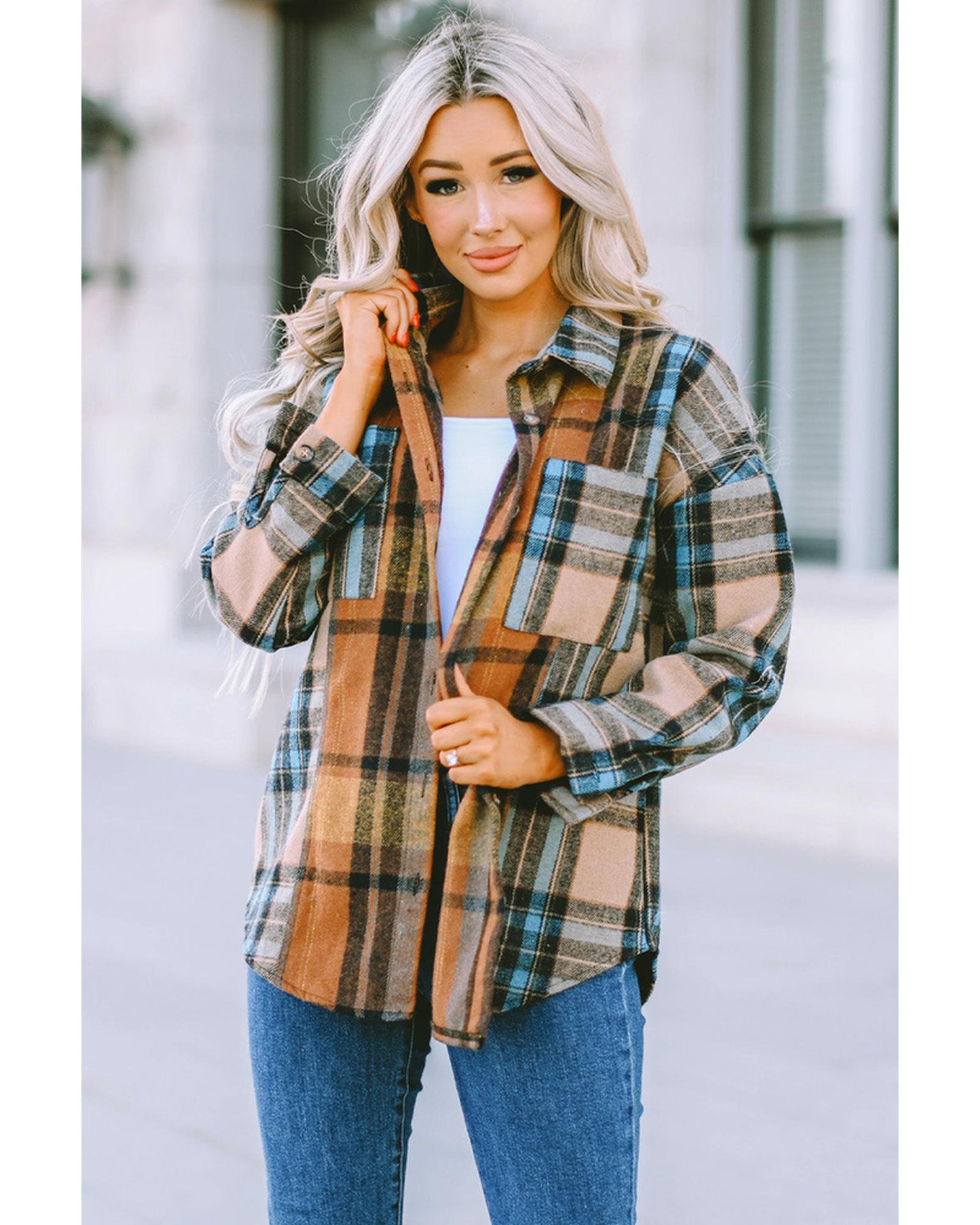 Azura Exchange Color Block Plaid Shirt with Buttoned Details - S