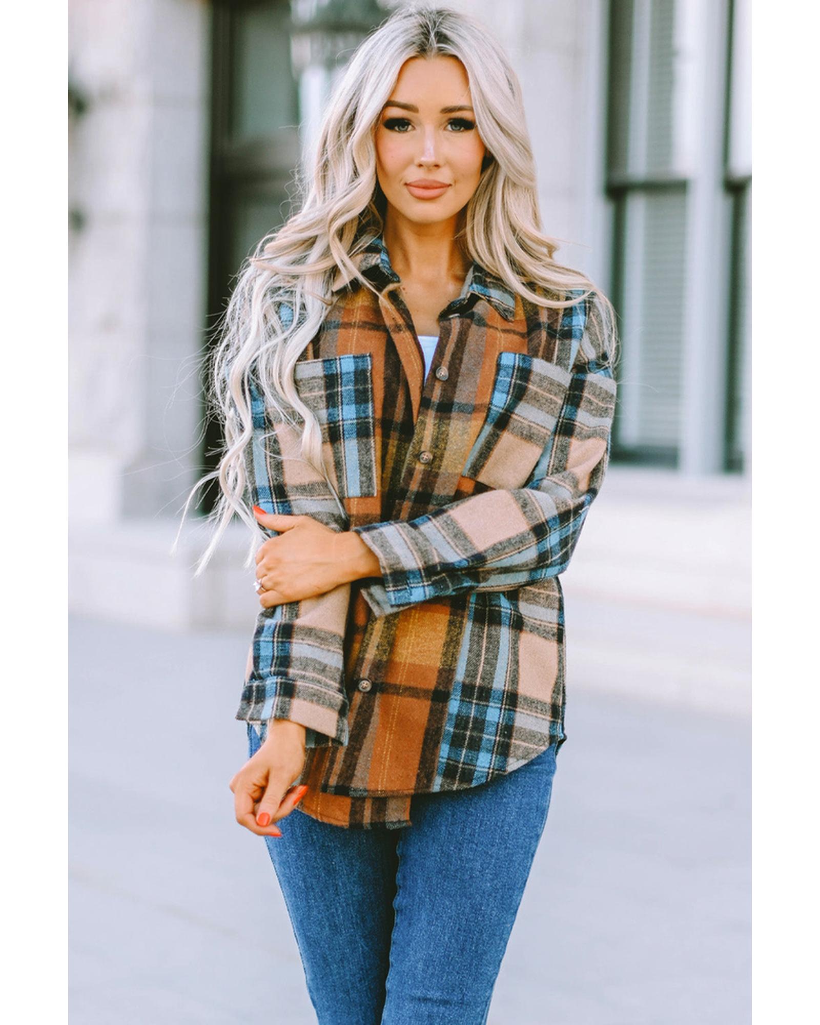 Azura Exchange Color Block Plaid Shirt with Buttoned Details - S